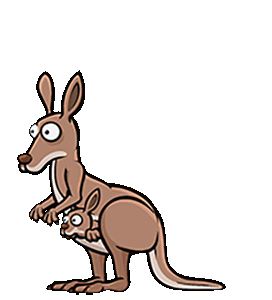 Animation, kangourou avec son petit dans sa poche