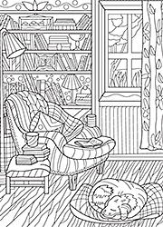 Page de coloriage à imprimer, un chien endormi dans un salon